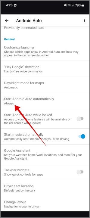 измените начальные настройки Android Auto на Всегда