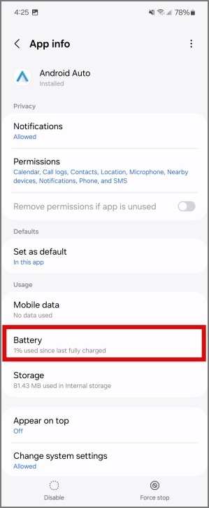 Информация о батарее для приложения Android Auto