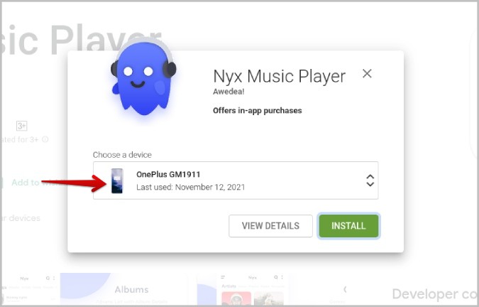 Выбор устройства для установки приложения из Play Store в Интернете