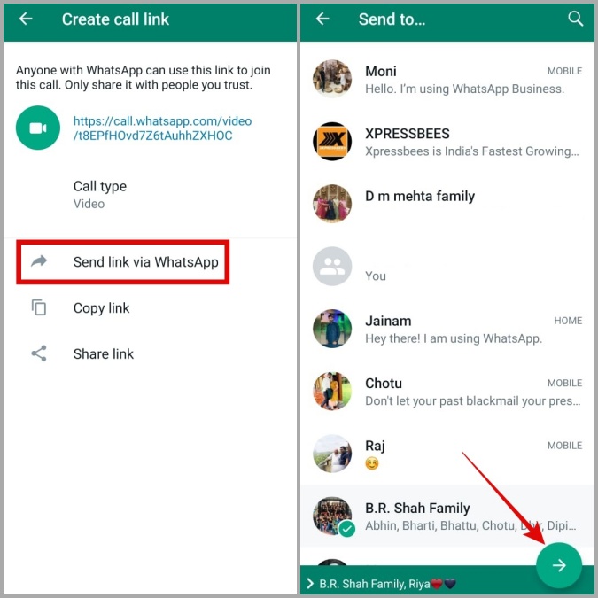 Отправка ссылок для звонков в WhatsApp на Android