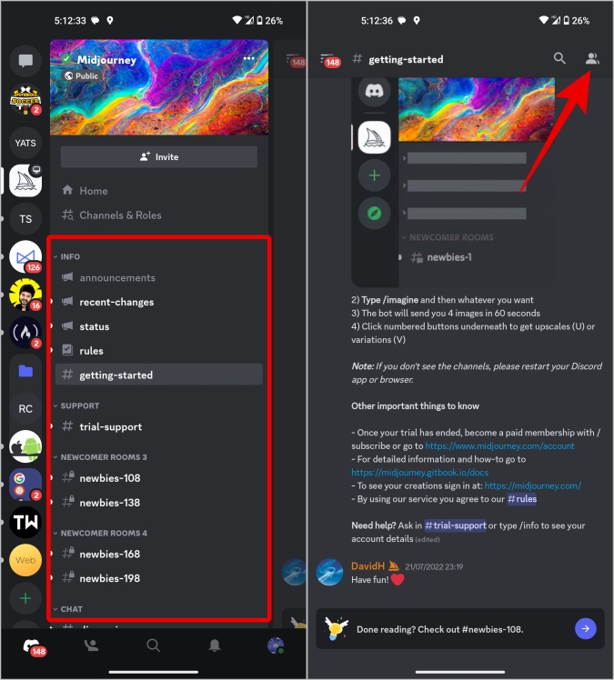 Открытие параметров сервера на Discord Mobile