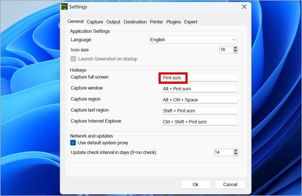 Установите ключ сканирования печати для Greenshot в Windows 11