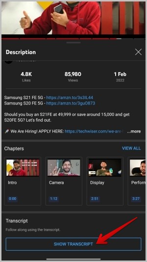 Опция «Показать расшифровку» на мобильном устройстве YouTube
