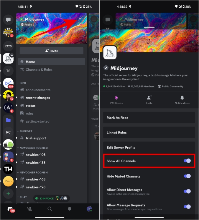 Показ всех каналов на Discord Mobile