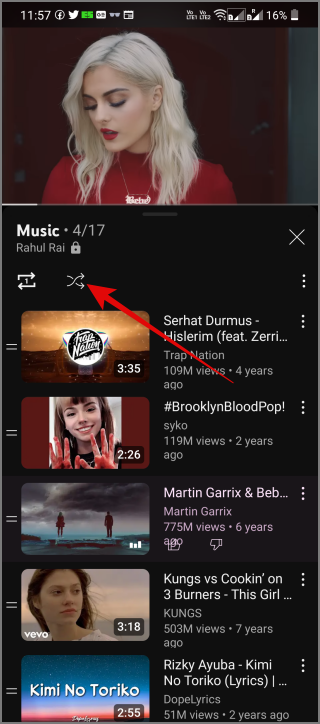 Значок «Перемешать» на YouTube