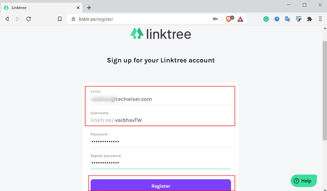 Зарегистрируйтесь в Linktree