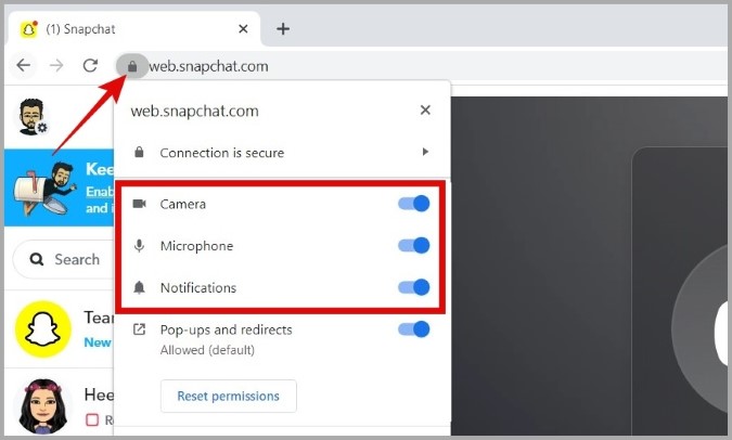 Разрешения веб-сайта Snapchat в Chrome