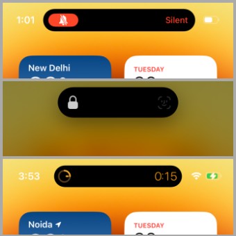 Индикатор бесшумного режима, Face-ID и таймера обратного отсчета на Dynamic Island.