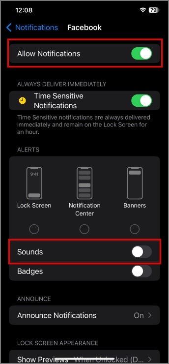 Опция «Звуки» отключена для приложения.