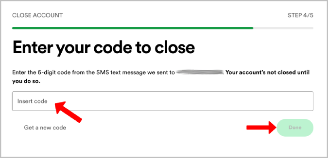 Ввод кода для удаления учетной записи Spotify