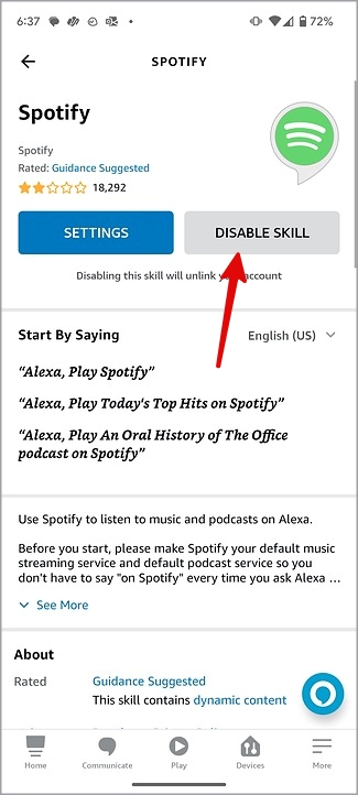 отключить навык Spotify в Alexa