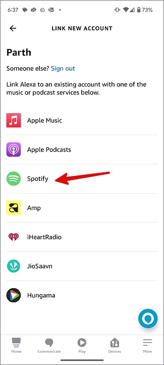 выберите Spotify в навыках Alexa