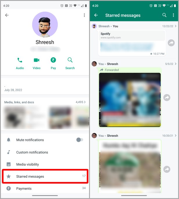 Помеченные сообщения из чата человека в WhatsApp на Android