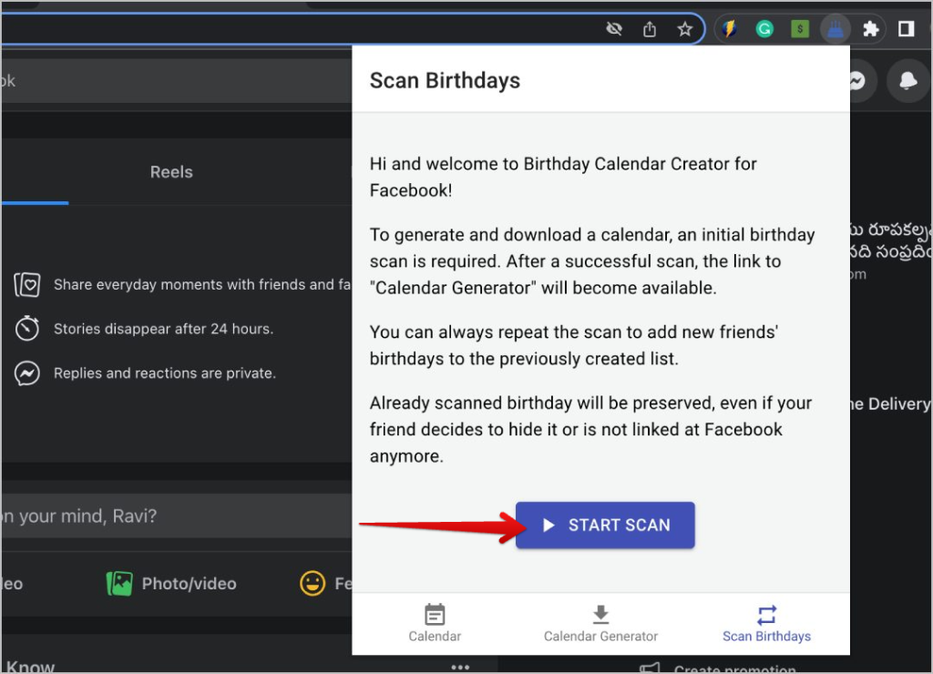 Запустить сканирование в расширении экспорта дня рождения Facebook