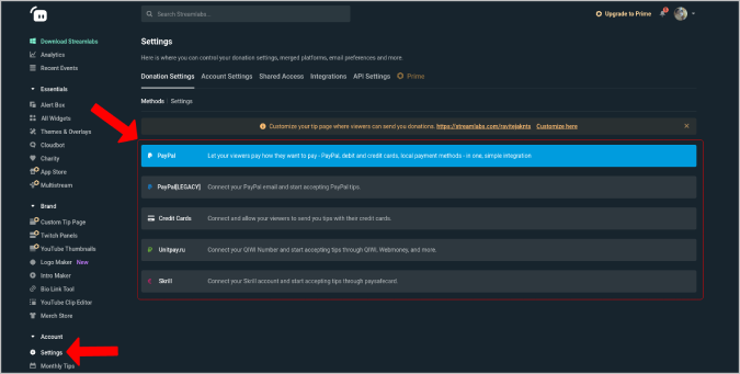 настройки настройки пожертвованийstreamlabs