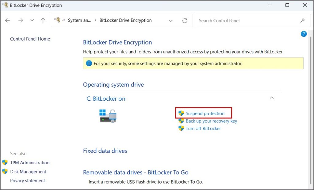 Страница настроек BitLocker на панели управления в Windows 11