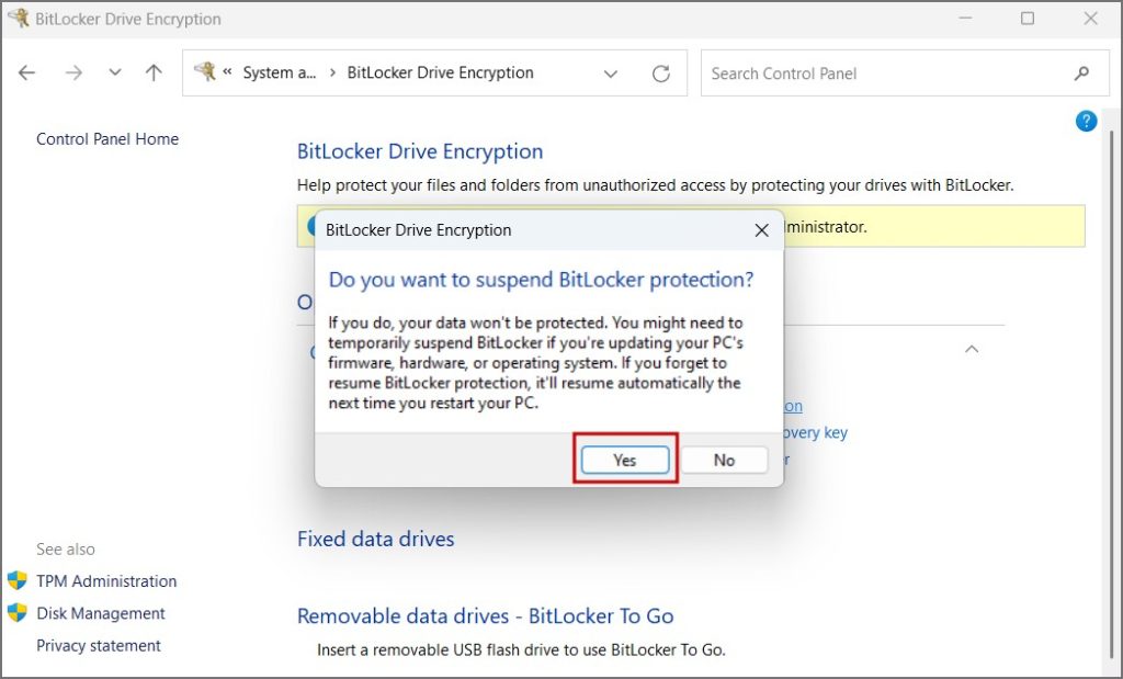 приостановка BitLocker в Windows 11