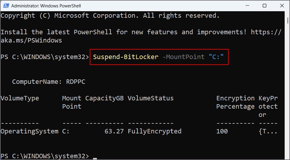 приостановка BitLocker в Windows 11 с помощью PowerShell