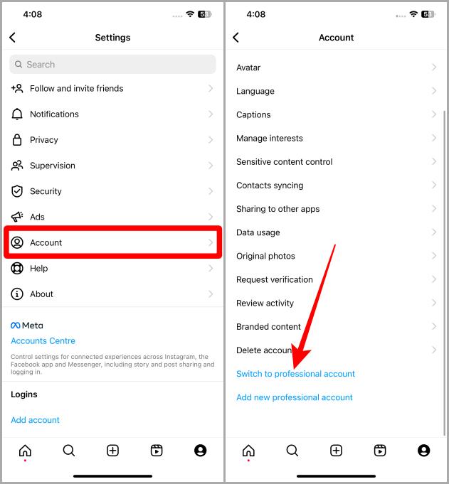 Перейдите к настройкам профессиональной учетной записи в Instagram на iOS