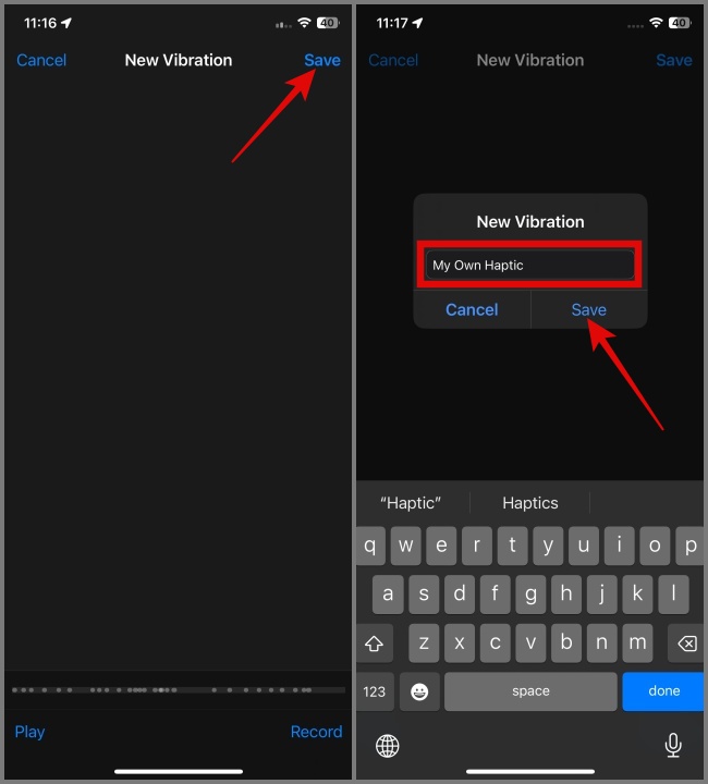 Нажмите «Сохранить», чтобы создать собственную вибрацию.
