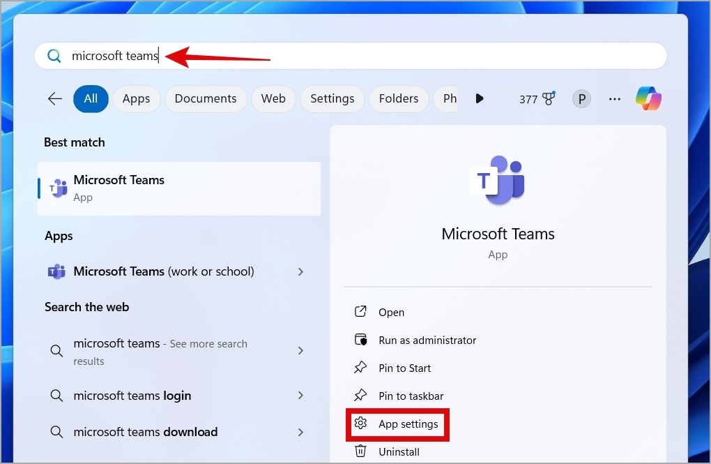 Настройки приложения Teams в Windows