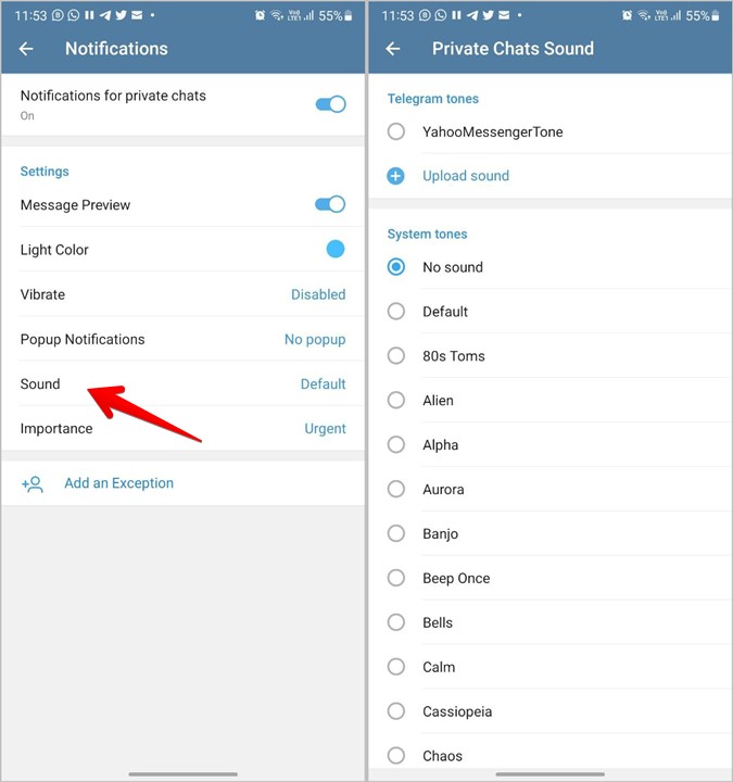 Настройки Telegram Android Звук