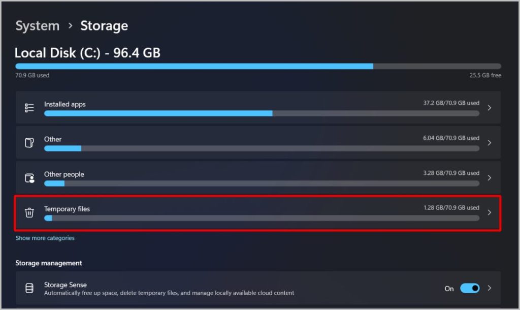 Открытие временных файлов в настройках Windows