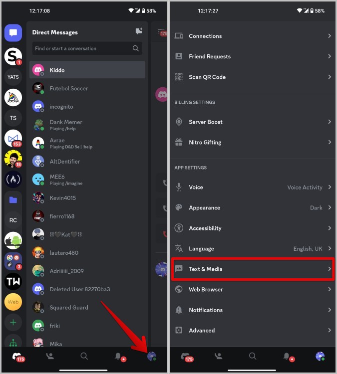 Открытие опции «Текст и мультимедиа» на Discord Mobile