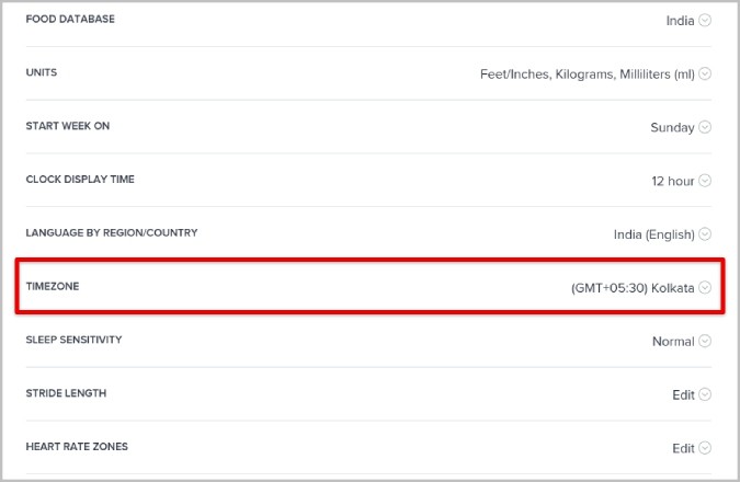 изменение часового пояса в настройках Fitbit