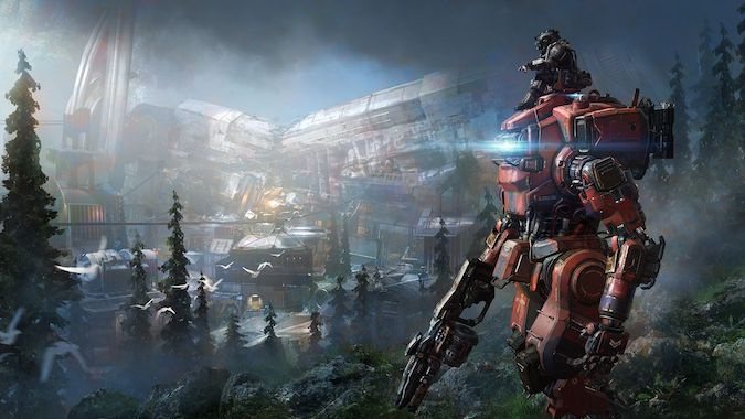 Titanfall 2 — Очень большой костюм гигантского меха-робота на переднем плане и пилот, сидящий наверху.