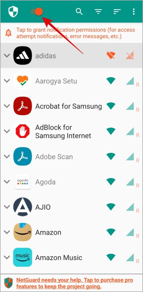 Отключите NetGuard на телефоне Samsung Galaxy