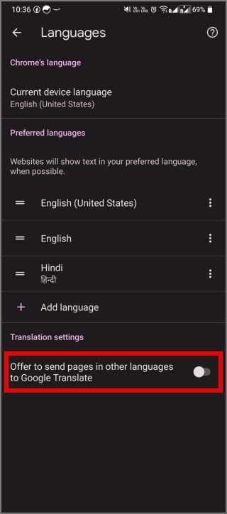 Включить или отключить перевод на Chrome Android