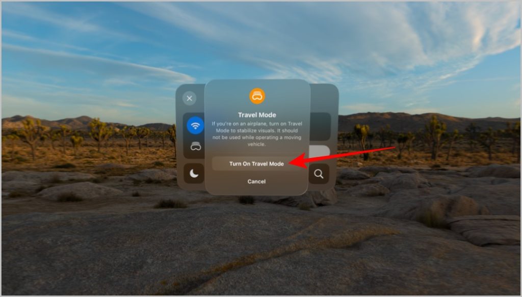 Включение режима путешествия на Vision Pro