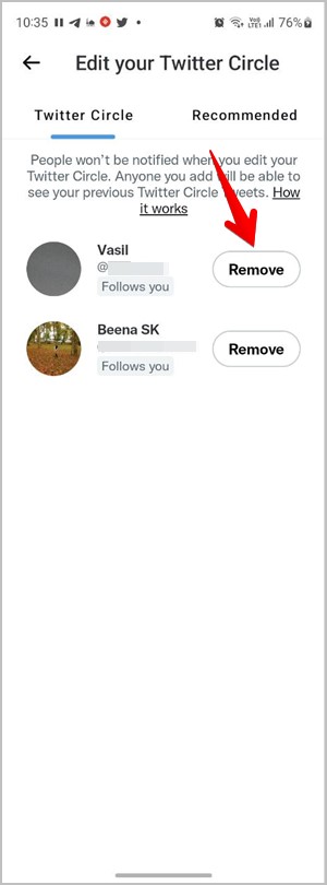 Twitter Circle Mobile Удаление людей