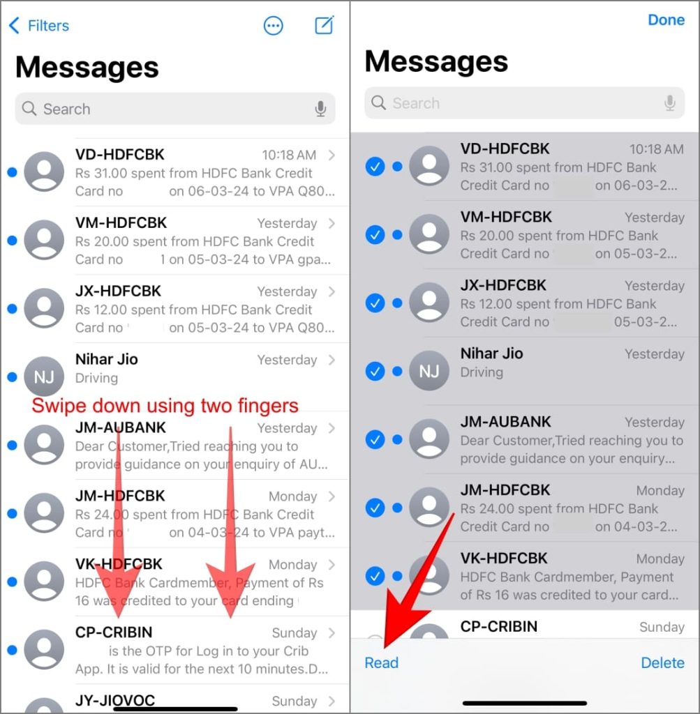 Выбор сообщений с помощью пролистывания двумя пальцами на iOS 17 на iPhone