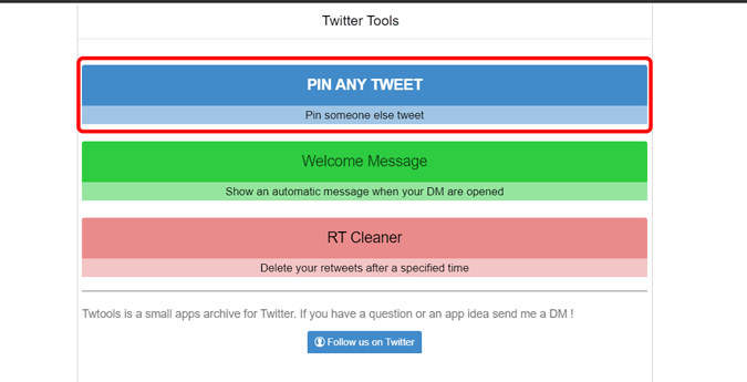 нажмите закрепить любую кнопку твита на сайте Twtools