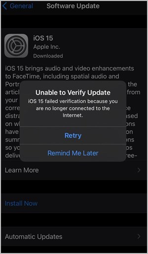 Невозможно установить iOS 15. Проверьте обновление.