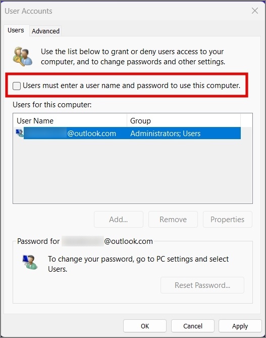 Снимите флажок «Пользователи должны ввести имя пользователя и пароль для использования этого компьютера» (2).