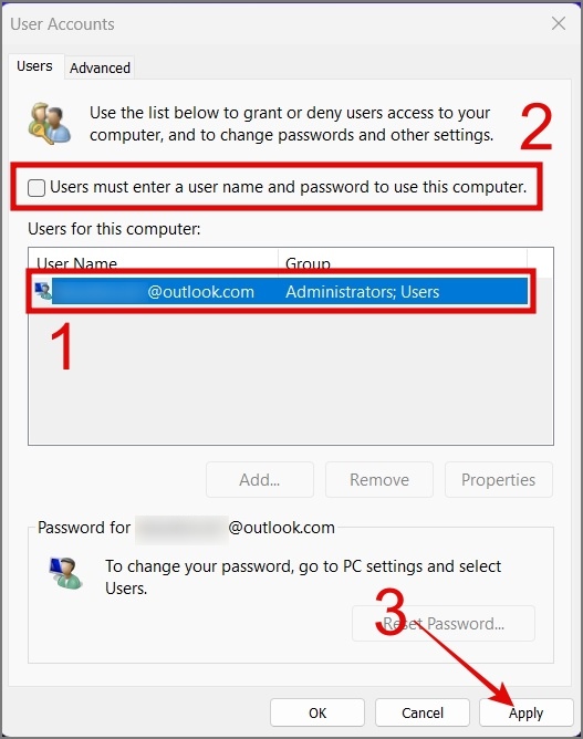 Снимите флажок «Пользователи должны ввести имя пользователя и пароль для использования этого компьютера».