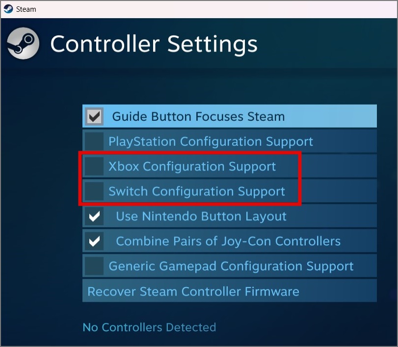 Снимите флажок Xbox и PlayStation Controller.