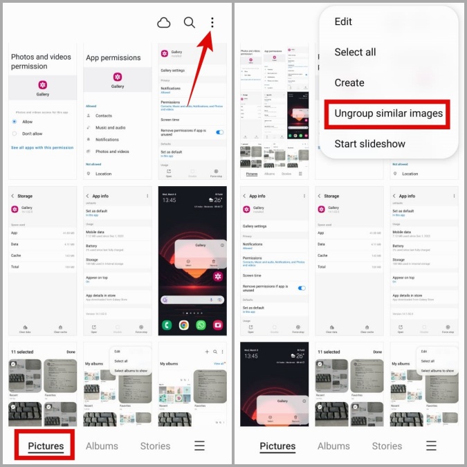 Разгруппируйте изображения в приложении «Галерея» на телефоне Samsung
