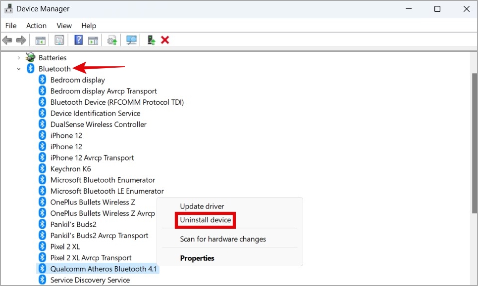 Удалить драйвер Bluetooth в Windows 11