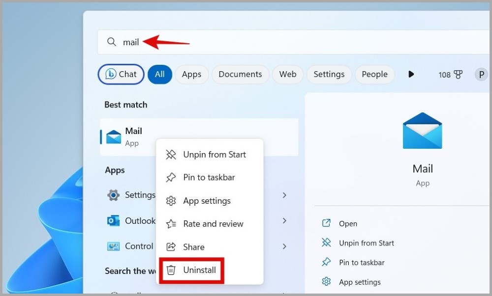 Удалить почтовое приложение с ПК с Windows 11