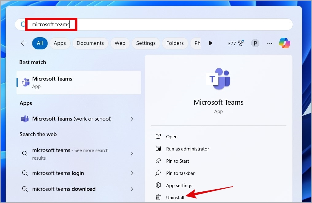 Удалите приложение Teams в Windows