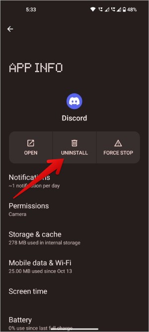 Удаление Discord на Android