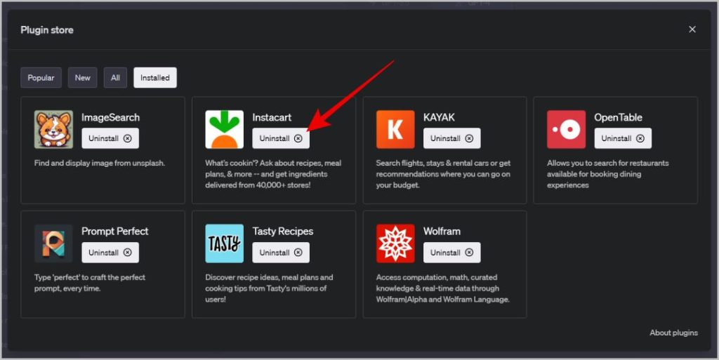 Удаление плагинов ChatGPT