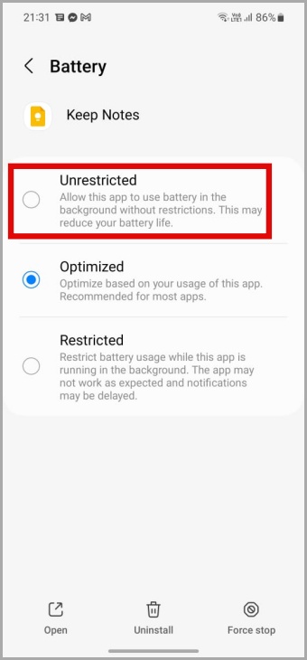 Неограниченное использование батареи для Google Keep на Android