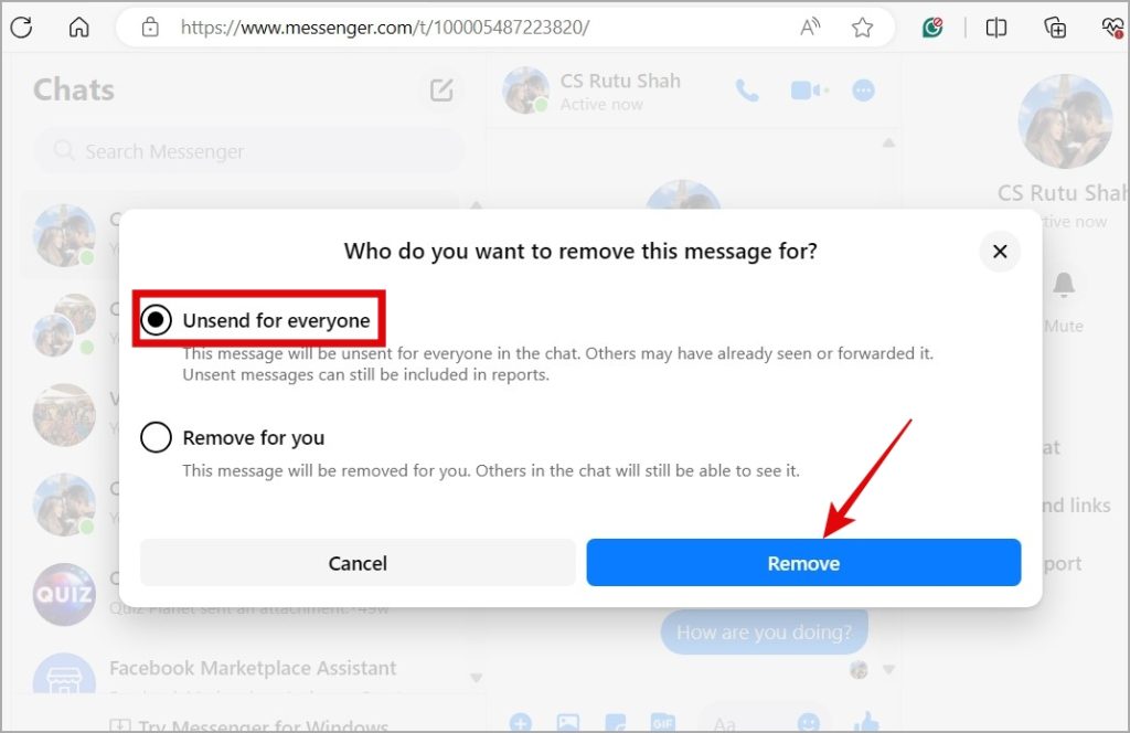 Отменить отправку сообщения в Messenger для ПК