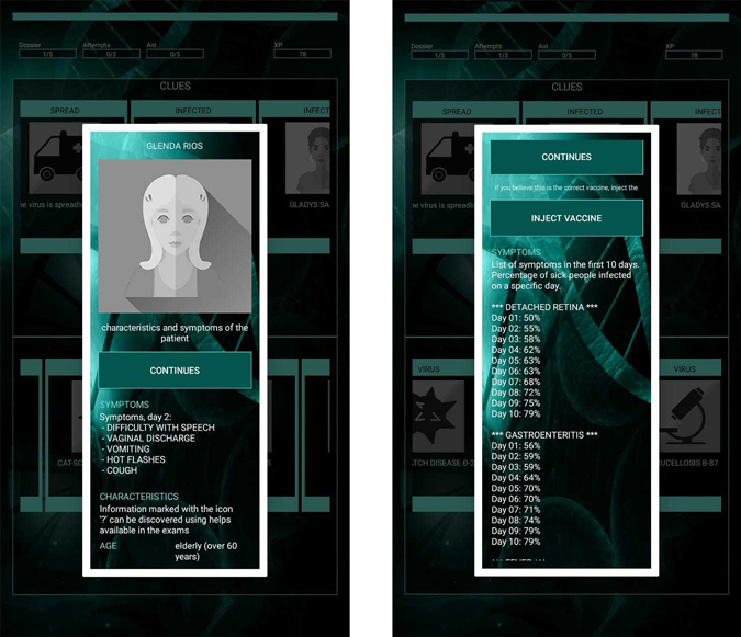 Изображения, показывающие детали пациента и вируса в игре Medibot