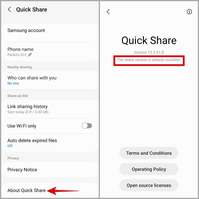 Обновите Quick Share на телефоне Samsung